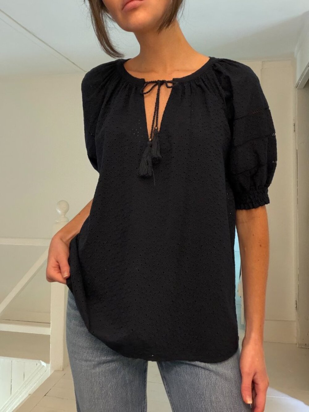 Sundays Colette Anglaise Puff Sleeve Tie Neck Blouse NWOT Navy Size 0 $216